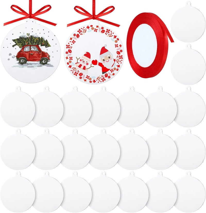 Queekay كويكاي 25 قطعة زينة عيد الميلاد الأكريليكية البيضاء المستديرة زينة عيد الميلاد الفارغة DIY مع شريط أحمر لتزيين شجرة عيد الميلاد، مستلزمات الحرف اليدوية DIY - Image 1