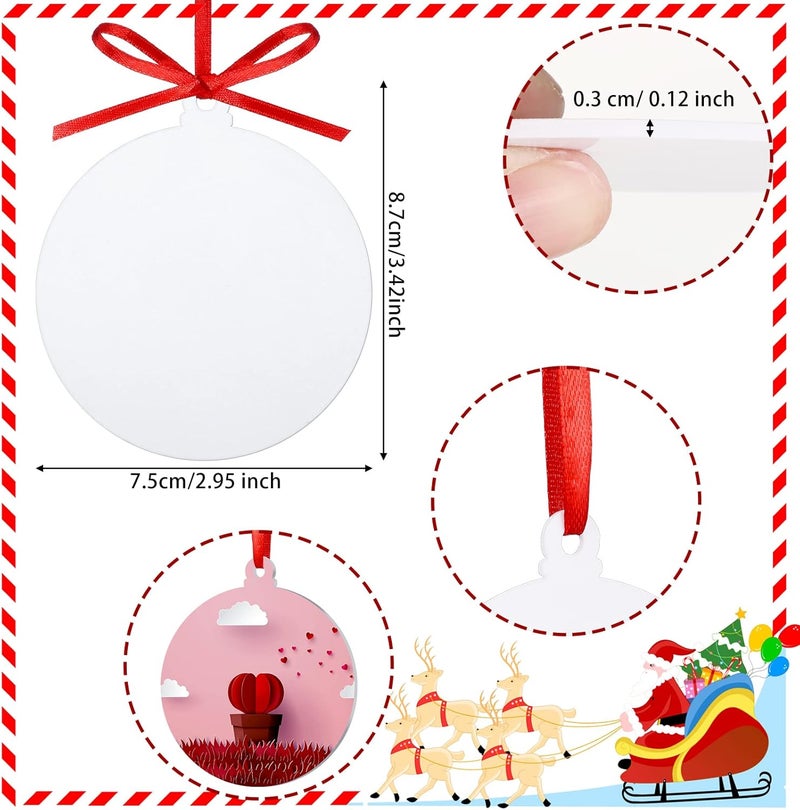Queekay كويكاي 25 قطعة زينة عيد الميلاد الأكريليكية البيضاء المستديرة زينة عيد الميلاد الفارغة DIY مع شريط أحمر لتزيين شجرة عيد الميلاد، مستلزمات الحرف اليدوية DIY - Image 3