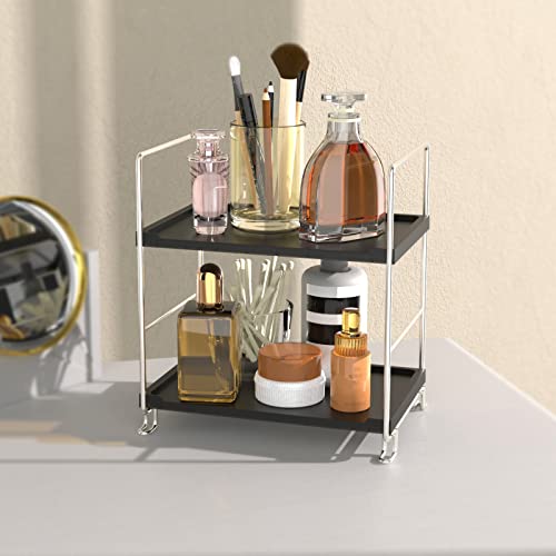 JANUS LiANG 2-Tier Bathroom Organizer Countertop Storage Shelf, Vanity Tray Cosmetic Stackable Storage Rack, Kitchen Spice Rack (Chrome + Black) - Image 1