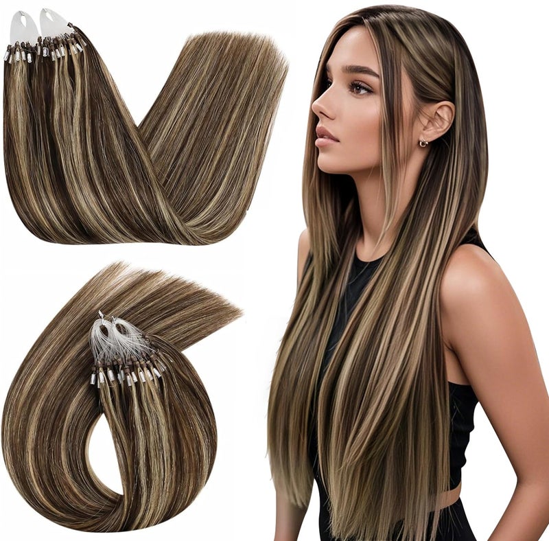 Ugeat Highlight Microlink Hair Extensions Long Length Dark Brown Highlight Caramel Brown Micro Bead Real Human Hair Extensions Micro Loop Straight to Add Volume Silky Smooth 50S 50G 22 Inch