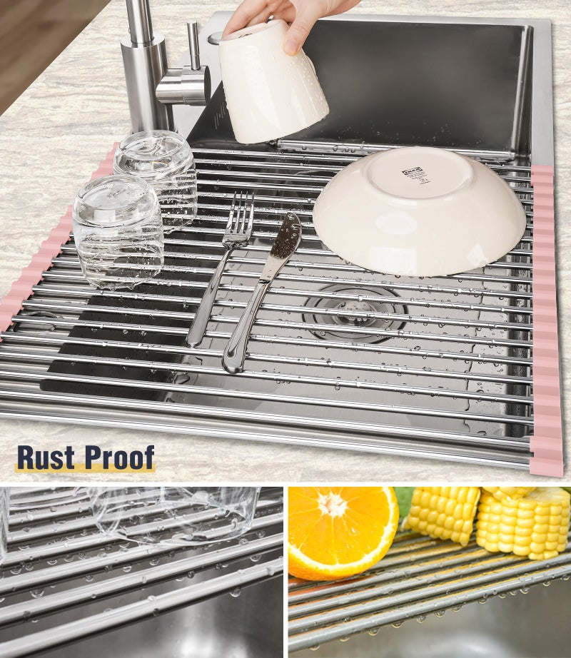 Tomorotec 17.7" x 15.5" Roll Up Dish Drying Rack Over Sink Drying Rack Sink Cover Kitchen Sink Accessories Gadget Multipurpose Organizer Foldable Stainless Steel Drainer - Image 2