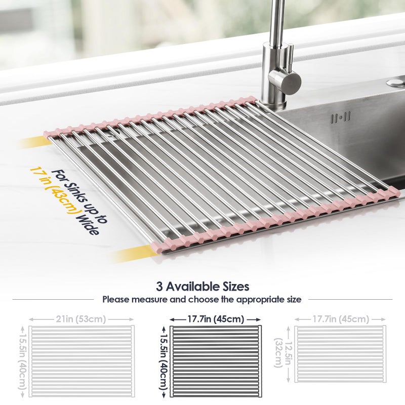 Tomorotec 17.7" x 15.5" Roll Up Dish Drying Rack Over Sink Drying Rack Sink Cover Kitchen Sink Accessories Gadget Multipurpose Organizer Foldable Stainless Steel Drainer - Image 4