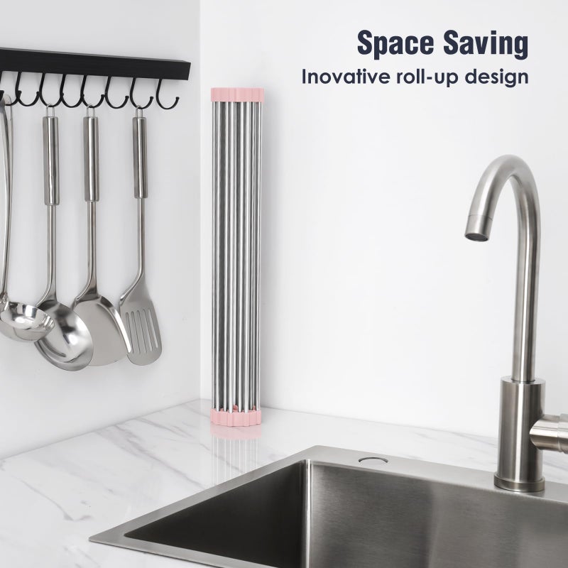 Tomorotec 17.7" x 15.5" Roll Up Dish Drying Rack Over Sink Drying Rack Sink Cover Kitchen Sink Accessories Gadget Multipurpose Organizer Foldable Stainless Steel Drainer - Image 3