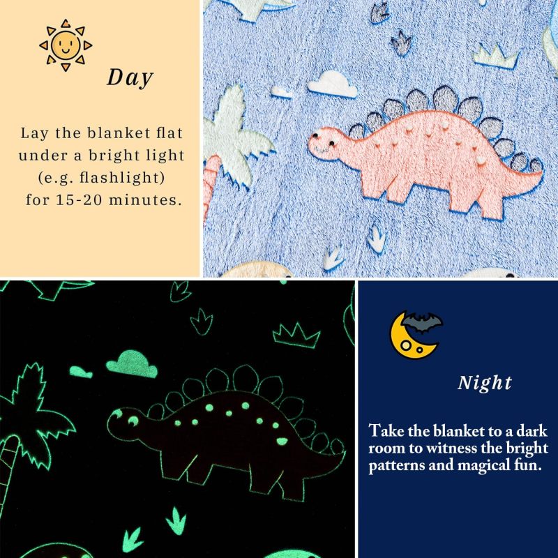 Glow In The Dark Blanket: Soft Plush Fabric, Glowing Dinosaur Print - Cozy Kids Throw Blanket for Toddler Boys, Girls And Birthday Gift Occasions - Image 4