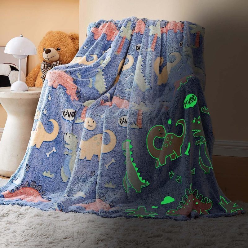Glow In The Dark Blanket: Soft Plush Fabric, Glowing Dinosaur Print - Cozy Kids Throw Blanket for Toddler Boys, Girls And Birthday Gift Occasions - Image 1