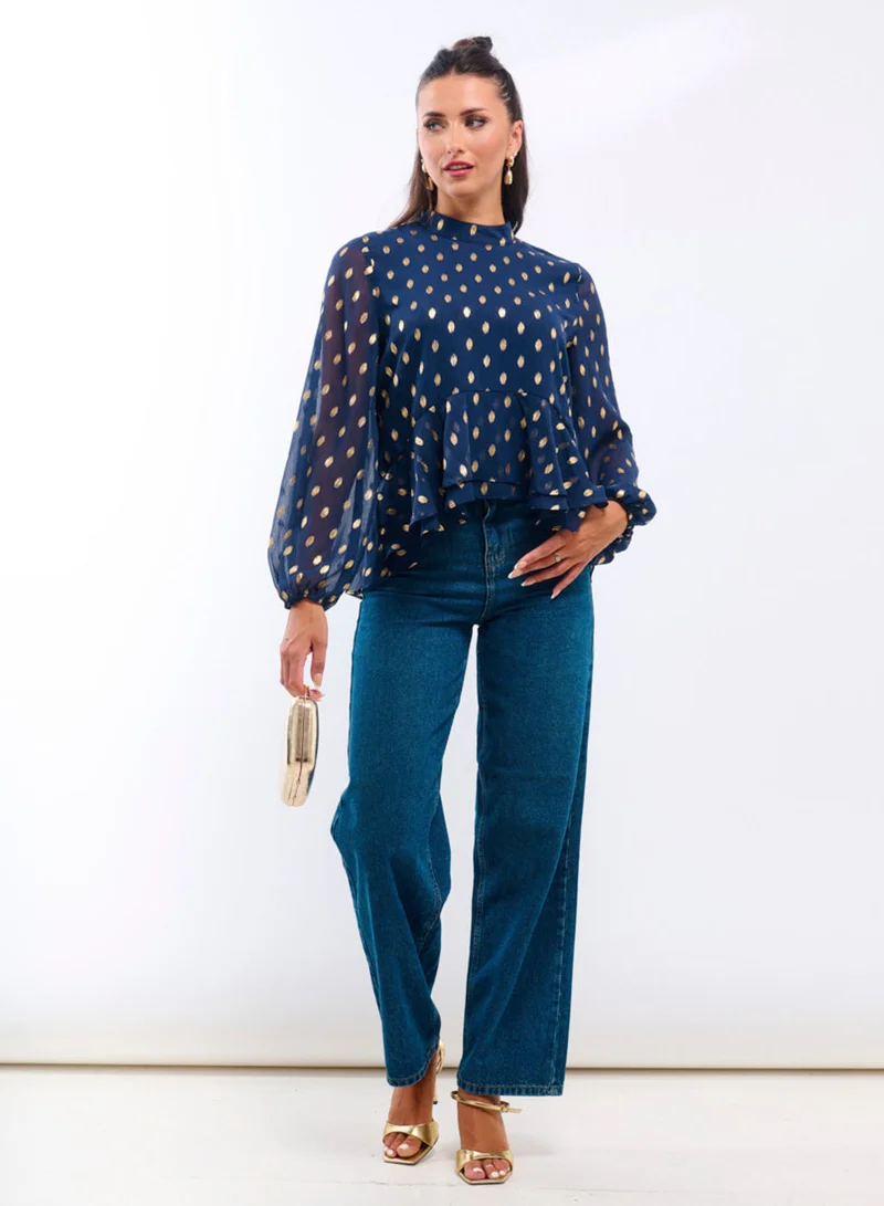Needs No Label  Navy Foil Ruffle Blouse for Women | Best Price UAE