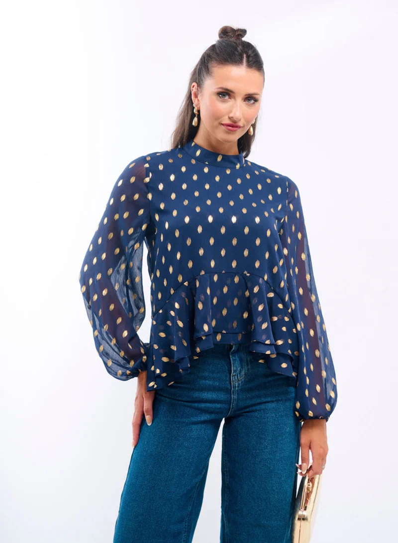 Navy Foil Ruffle Blouse