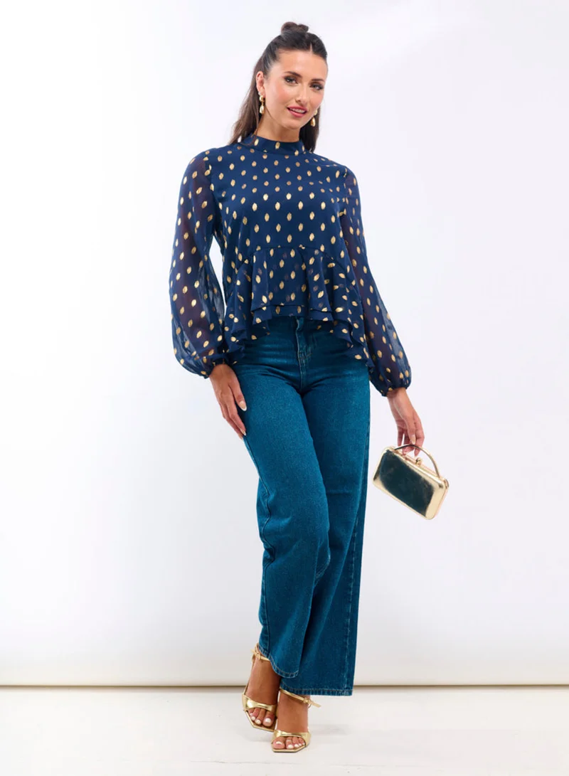 Needs No Label  Navy Foil Ruffle Blouse for Women | Best Price UAE