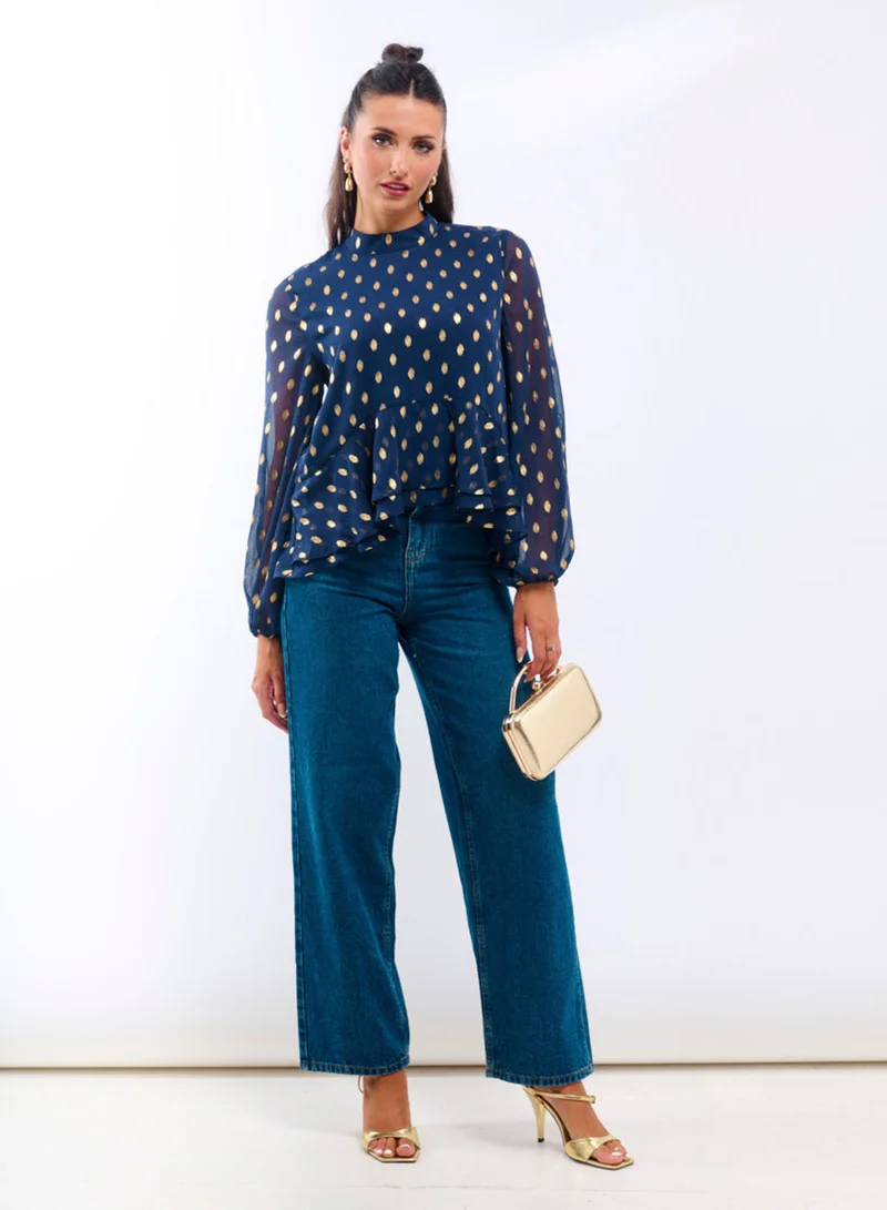 Needs No Label  Navy Foil Ruffle Blouse for Women | Best Price UAE