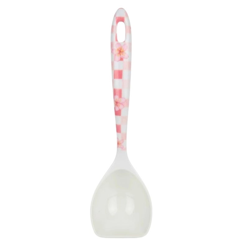 Floral Pattern And Pink Checkered Melamine Serving Spoon With Comfy Grip Handle And Hanging Loop