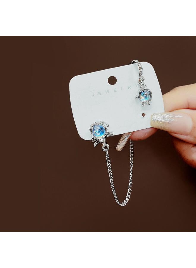 Silver Needle Irregular Opal Moonstone Elf Earrings Pink Earrings Liquid Metal Gemini Star Moon Earrings 