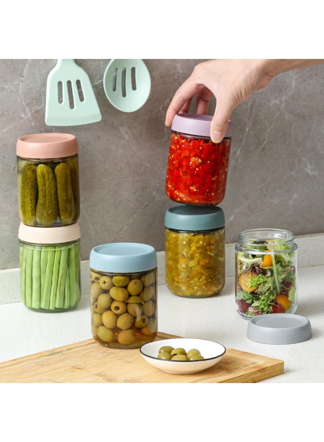 FALAHOM حاويات FALAHOM لليلة الشوفان مع أغطية 16 أونصة من الزجاج Mason Jars، برطمانات زجاجية مع أغطية محكمة الإغلاق، برطمانات Mason Salad ذات فوهة عريضة، حاويات تخزين مطبخ قابلة لإعادة التعبئة للأطعمة الجافة والقهوة والمكسرات والمزيد - Image 2