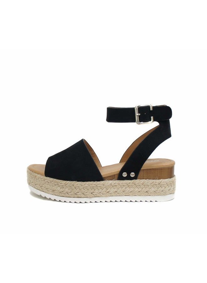 Soda Vintage Espadrille Jute Wrap Flatform Flat Sandal Shark Tooth Eva Outsole 6.5 M US, Black Nubuck - Image 1