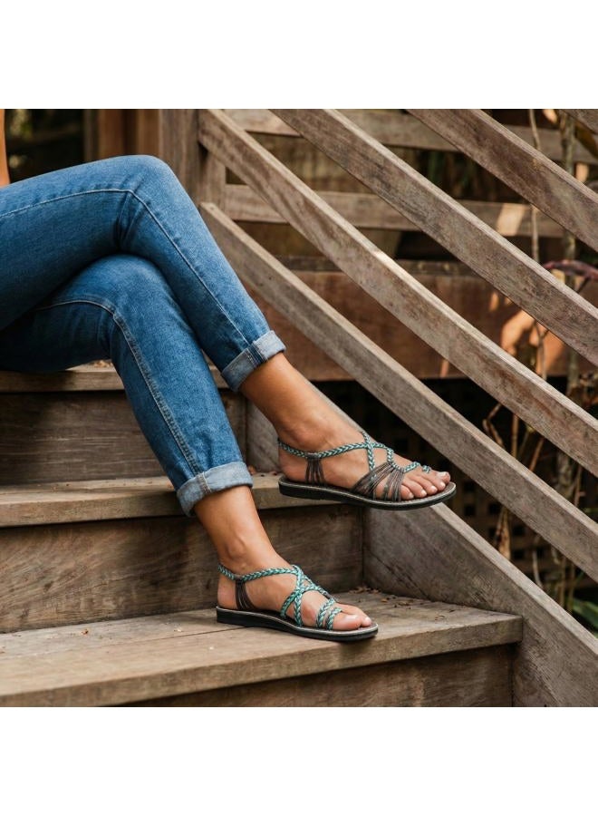 Plaka Palm Leaf Flat Summer Sandals for Women | Perfect for the Beach Walking & Dressy Occasions | Turquoise Gray | Size 10 - Image 5