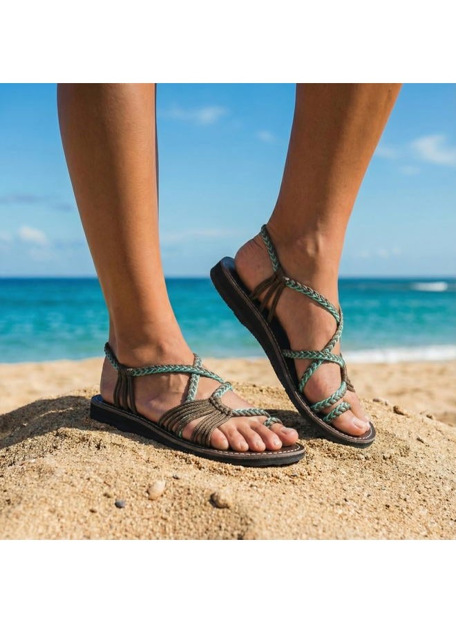 Plaka Palm Leaf Flat Summer Sandals for Women | Perfect for the Beach Walking & Dressy Occasions | Turquoise Gray | Size 10 - Image 3