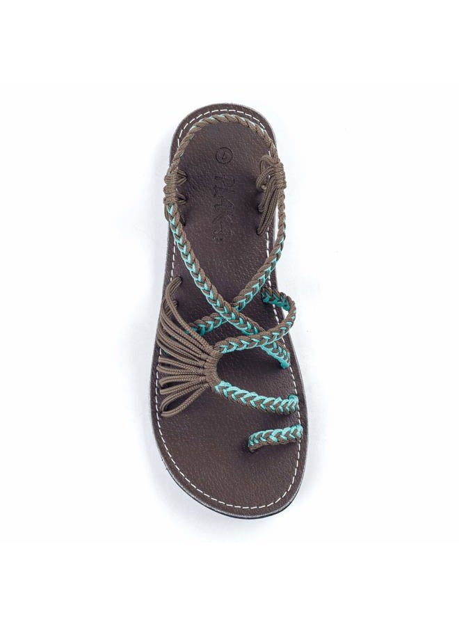 Plaka Palm Leaf Flat Summer Sandals for Women | Perfect for the Beach Walking & Dressy Occasions | Turquoise Gray | Size 10 - Image 1