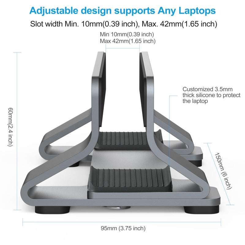Psitek Aluminum Vertical Laptop Stand Dock Holder, Adjustable Slot Width 12-42mm, Space-Saving Upright Storage for MacBook and Laptops - Image 4