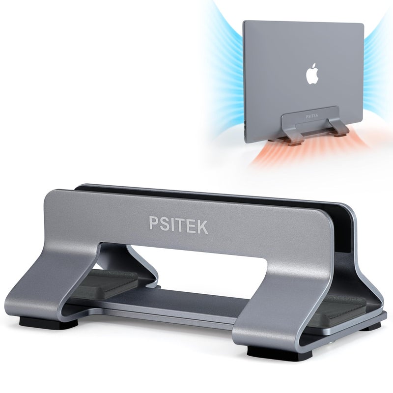 Psitek Aluminum Vertical Laptop Stand Dock Holder, Adjustable Slot Width 12-42mm, Space-Saving Upright Storage for MacBook and Laptops - Image 1