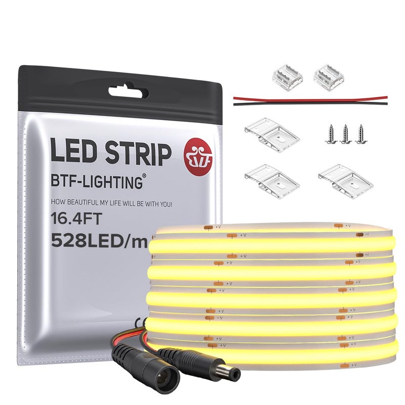BTFLIGHTING FCOB COB LED Strip 528LEDm Flexible High Density Uniform Light 14Wm 164FT DC24V Warm White 3000K CRI 90 10mm Width for Home Indoor DecorationNo Adapter or Controller