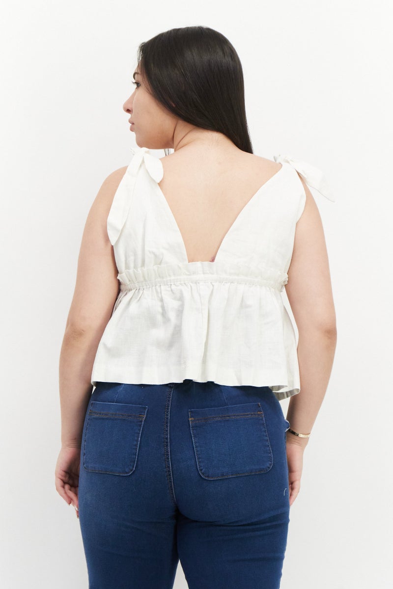 NOMAD Women Plunging Neck Sleeveless Embroidered Logo Top, Off White - Image 3