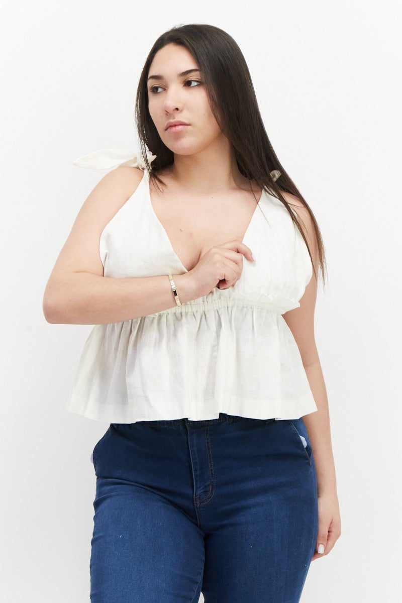 NOMAD Women Plunging Neck Sleeveless Embroidered Logo Top, Off White - Image 1
