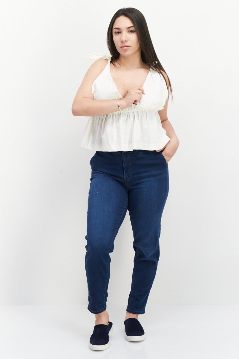 NOMAD Women Plunging Neck Sleeveless Embroidered Logo Top, Off White - Image 2