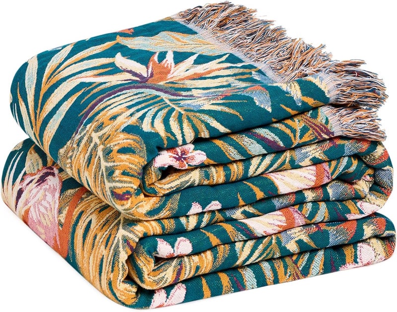 LUTBM Boho Throw Blanket for Bed Cotton Blankets Twin Size for Bedroom Living Room All Season Lightweight Forest Embroidery Quilt for Couch Sofa Chair 60"x80" - Image 1