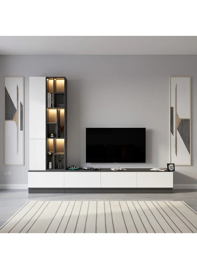Stylish Home A large white and gray TV table of 4 pieces, including shelves and lighting, model 61 40x280x226 cm - Image 1