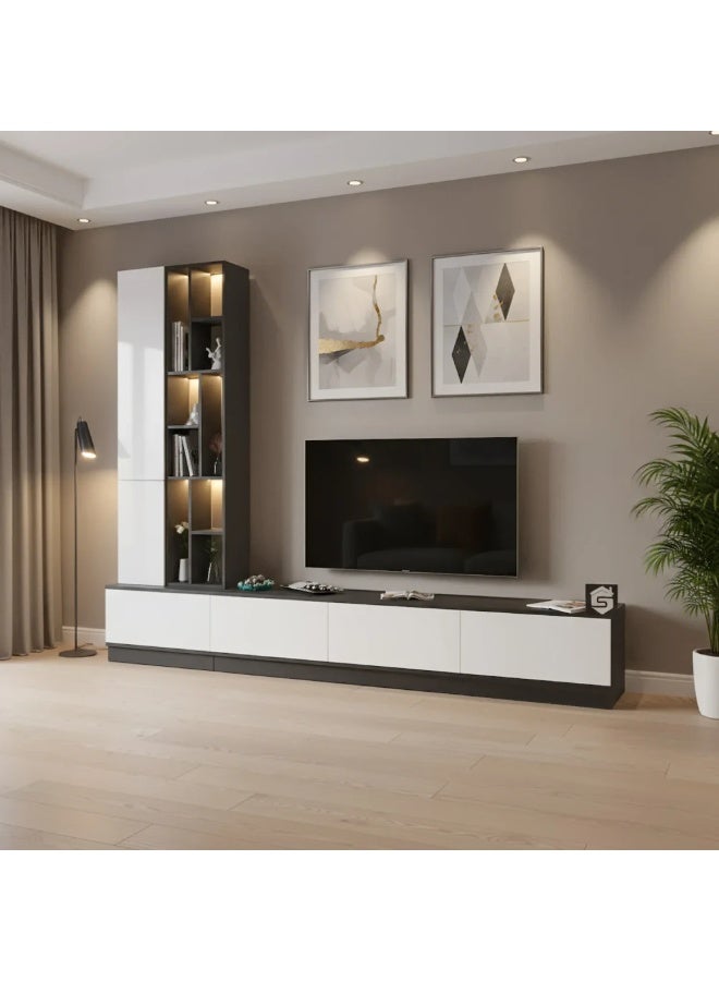 Stylish Home A large white and gray TV table of 4 pieces, including shelves and lighting, model 61 40x280x226 cm - Image 2