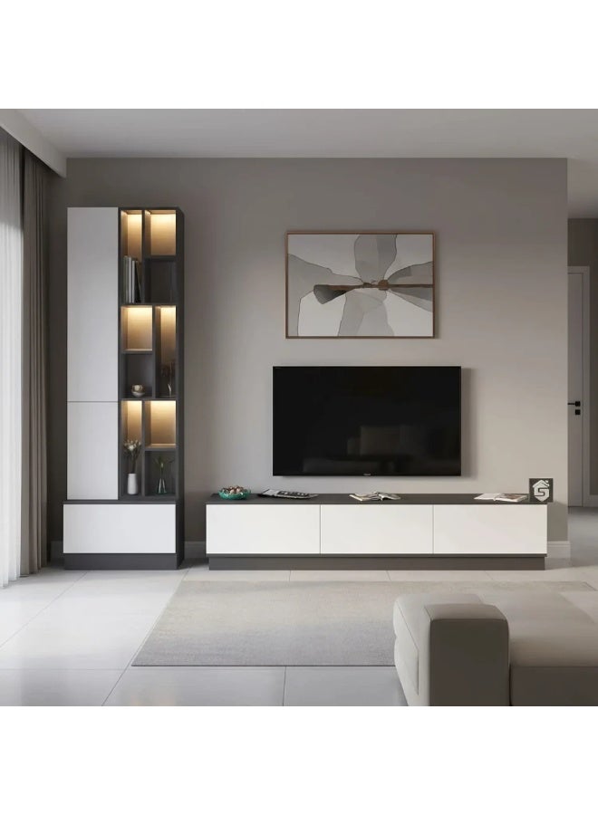 Stylish Home A large white and gray TV table of 4 pieces, including shelves and lighting, model 61 40x280x226 cm - Image 3