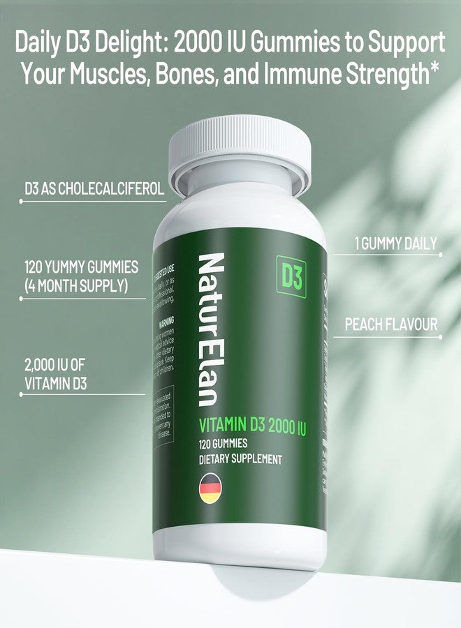 NaturElan حلوى فيتامين د3 - 120 قطعة، 2000 وحدة دولية من فيتامين د3 لكل قطعة، خالية من السكر، تعزز صحة العظام والمزاج ووظائف الجهاز المناعي، تم اختبارها من قبل جهة خارجية، بنكهة الخوخ اللذيذة، نباتية وخالية من الغلوتين، 120 حصة - Image 3