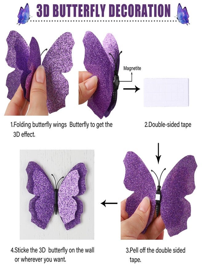 LiveGallery 36pcs Removable 3D Double Side Wings Butterfly Wall Stickers DIY Glittering Twinkle Butterflies Wall Decals Butterfly Wall Art Decor Decoration for Home Kids Bedroom Nursery (Purple) - Image 3