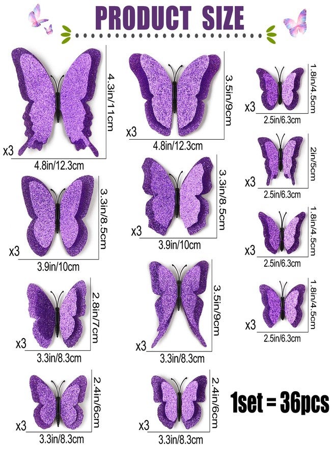 LiveGallery 36pcs Removable 3D Double Side Wings Butterfly Wall Stickers DIY Glittering Twinkle Butterflies Wall Decals Butterfly Wall Art Decor Decoration for Home Kids Bedroom Nursery (Purple) - Image 2