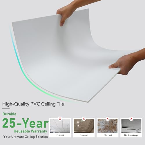 STICKGOO Smooth Drop Ceiling Tiles 2ft x 2ft, PVC Ceiling Tile 24 x 24in - Waterproof, Fire-Rated to Prevent Breakage - Package of 12 Tiles Cover 48 Sq. Ft, White - Image 2