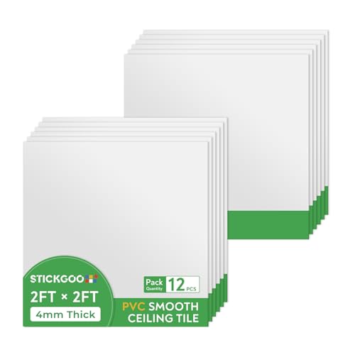 STICKGOO Smooth Drop Ceiling Tiles 2ft x 2ft, PVC Ceiling Tile 24 x 24in - Waterproof, Fire-Rated to Prevent Breakage - Package of 12 Tiles Cover 48 Sq. Ft, White - Image 1