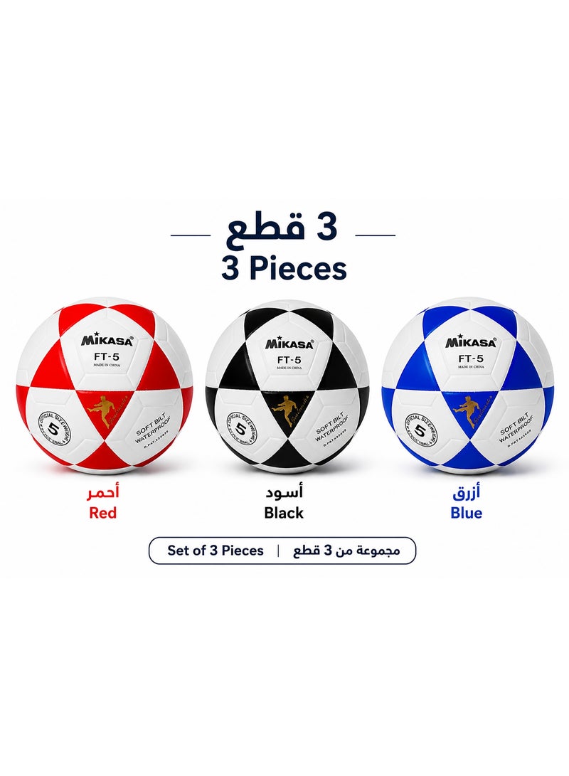 ميكاسا طقم 3 كرات قدم مقاس 5 متعددة الألوان (أحمر + أسود + أزرق) – كرات تدريب ومباريات للمدارس والأكاديميات والأنشطة الصيفية - Image 1