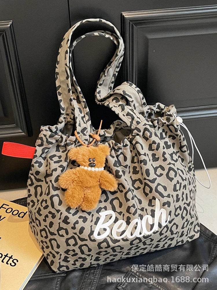 Korean Leopard Print Large-Capacity Shoulder Canvas Bag Lazy Style Female Student Commuter Satchel Shopping Bag Outing Bag Autumn - Image 2