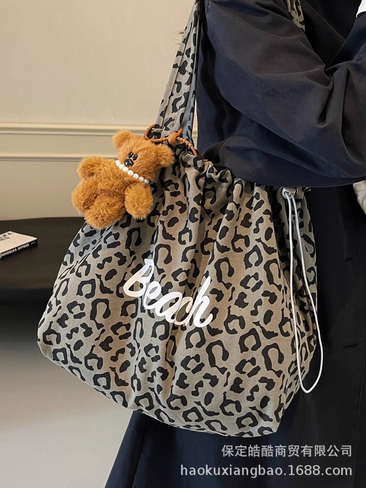 Korean Leopard Print Large-Capacity Shoulder Canvas Bag Lazy Style Female Student Commuter Satchel Shopping Bag Outing Bag Autumn - Image 3