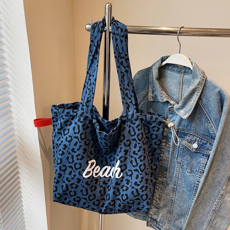 Korean Leopard Print Large-Capacity Shoulder Canvas Bag Lazy Style Female Student Commuter Satchel Shopping Bag Outing Bag Autumn - Image 1