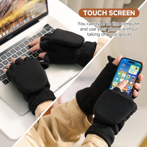 BESSTEVEN Winter Convertible Fingerless Gloves Windproof Warm Thermal Fleece for Men Women Fishing Jogging Hiking Photography - Black X Large - Image 4