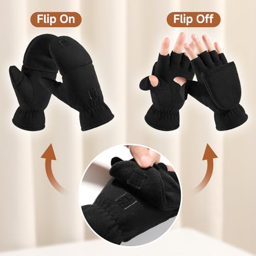 BESSTEVEN Winter Convertible Fingerless Gloves Windproof Warm Thermal Fleece for Men Women Fishing Jogging Hiking Photography - Black X Large - Image 2