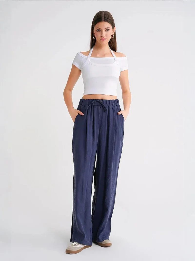 MixRay Mixray High Waist Modal Pleated Palazzo Pants with Drawstring
