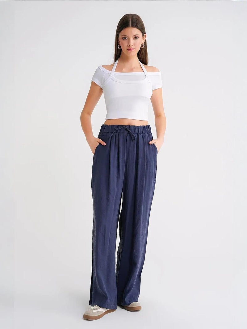 Mixray High Waist Modal Pleated Palazzo Pants with Drawstring - Image 1
