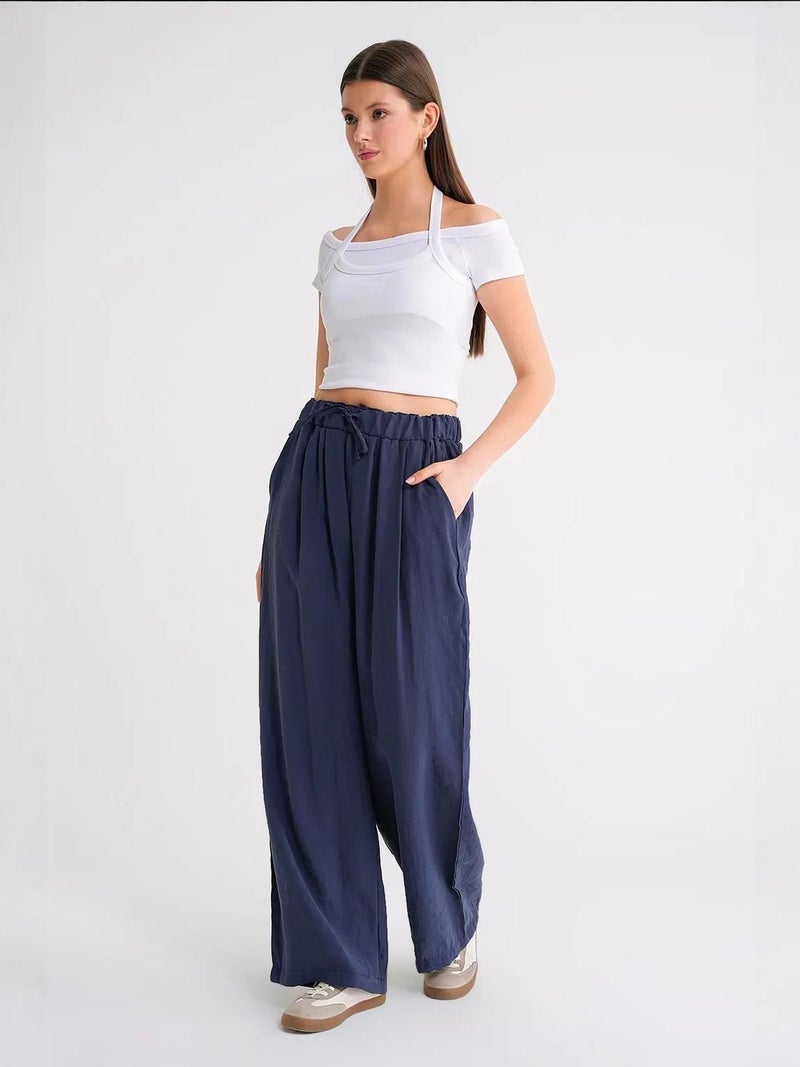 Mixray High Waist Modal Pleated Palazzo Pants with Drawstring - Image 2