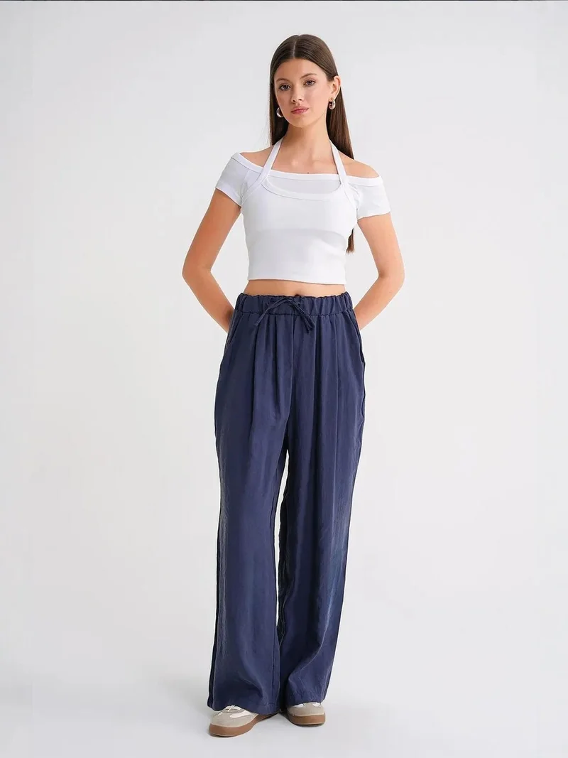 Mixray Navy Blue Mixray High Waist Modal Pleated Palazzo Pants with Drawstring for Women | Best Price UAE