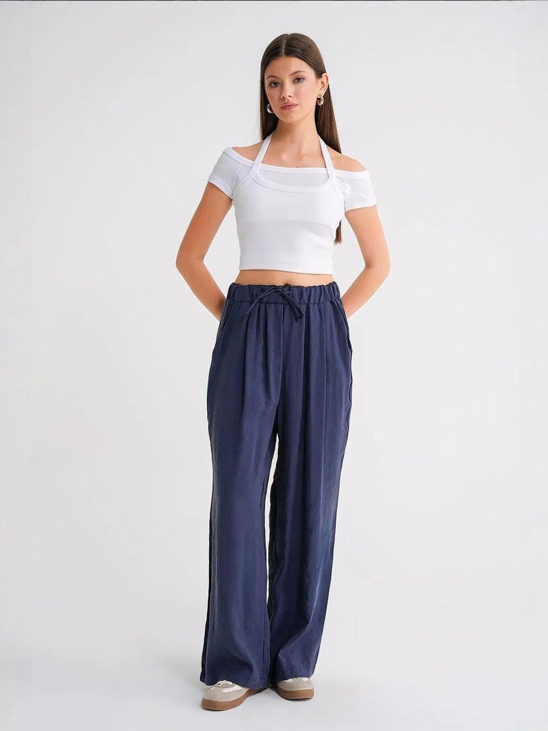 Mixray High Waist Modal Pleated Palazzo Pants with Drawstring - Image 3