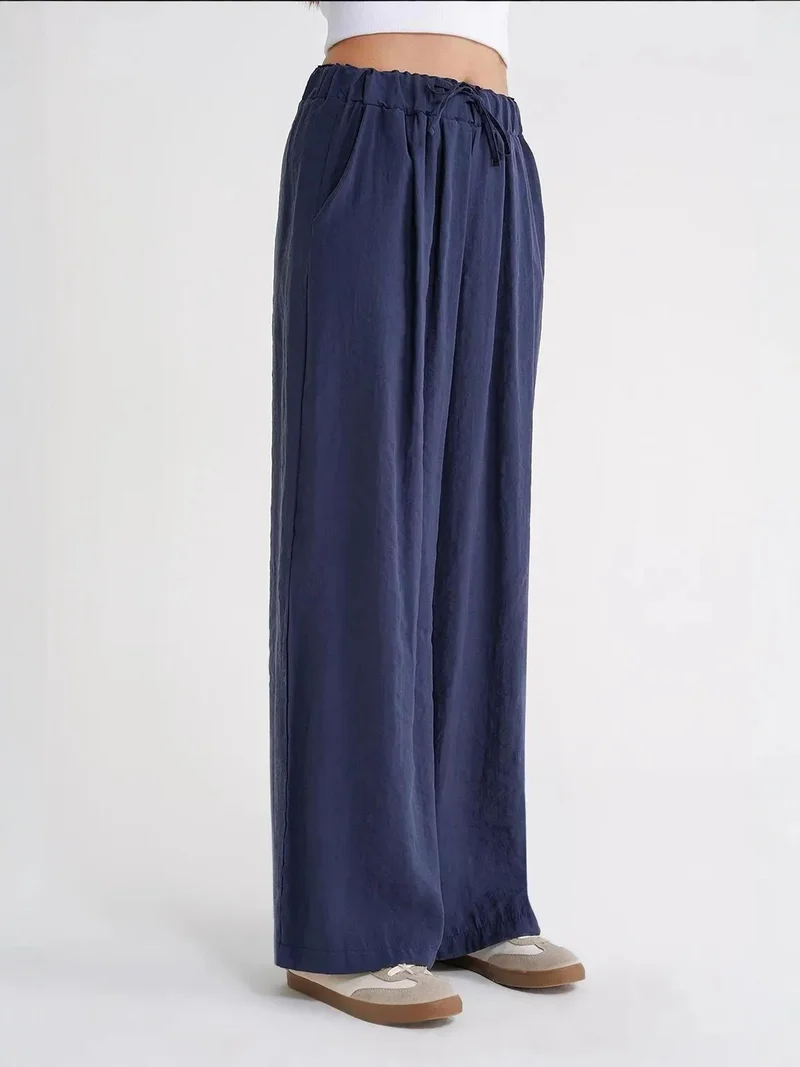 Mixray Navy Blue Mixray High Waist Modal Pleated Palazzo Pants with Drawstring for Women | Best Price UAE