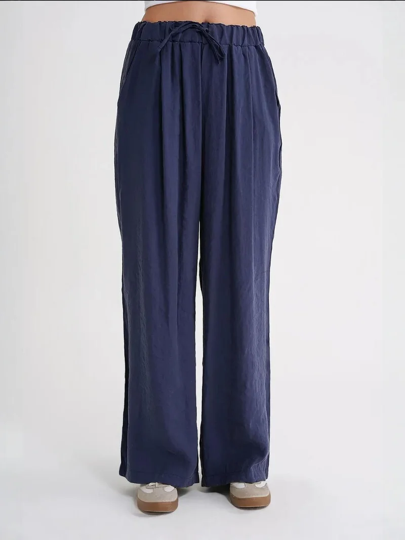 Mixray Navy Blue Mixray High Waist Modal Pleated Palazzo Pants with Drawstring for Women | Best Price UAE