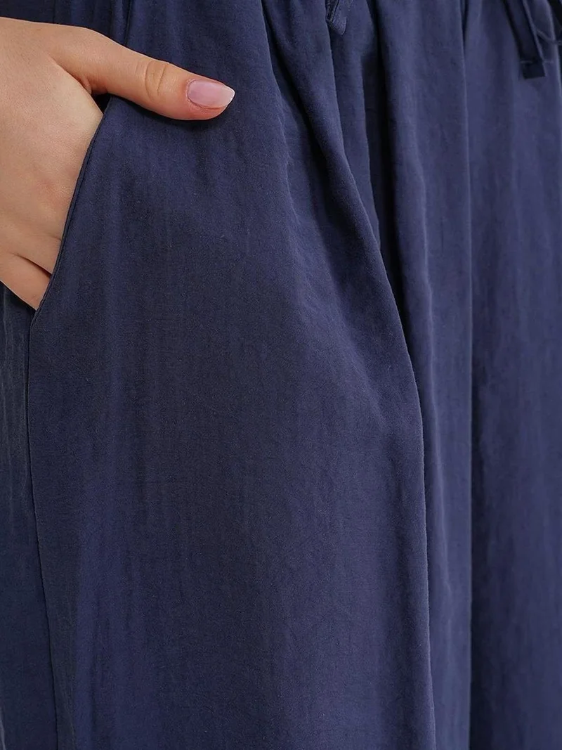 Mixray Navy Blue Mixray High Waist Modal Pleated Palazzo Pants with Drawstring for Women | Best Price UAE