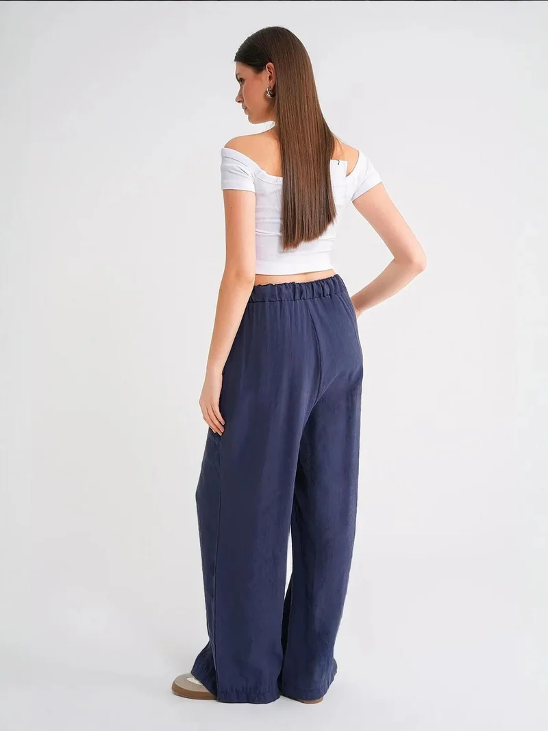 Mixray Navy Blue Mixray High Waist Modal Pleated Palazzo Pants with Drawstring for Women | Best Price UAE